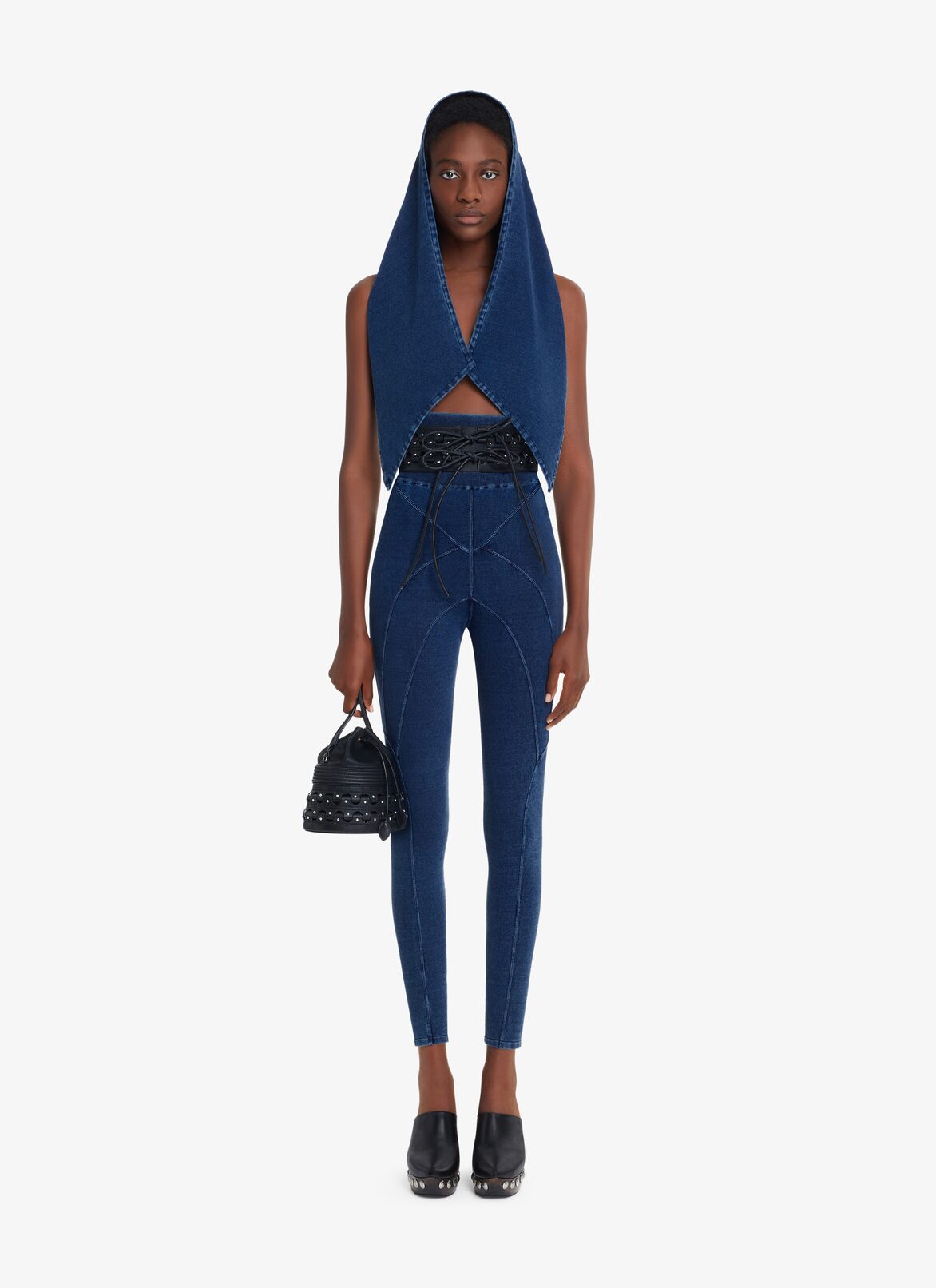 KNITTED DENIM LEGGINGS ALAÏA BLUE JEANS KNITTED DENIM LEGGINGS